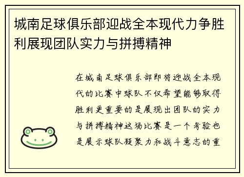 城南足球俱乐部迎战全本现代力争胜利展现团队实力与拼搏精神
