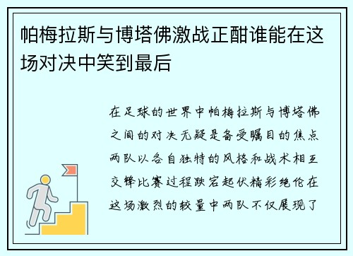 帕梅拉斯与博塔佛激战正酣谁能在这场对决中笑到最后